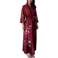 Vivi Idee Morgenmantel Schlafmantel Bademantel kimono lang leicht satin Einheitsgröße, Prunus mume
