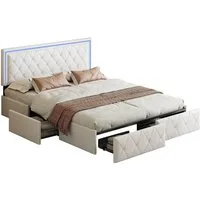 FUROKOY Stauraumbett Stauraumbett Polsterbett Doppelbett mit 4 Schubladen (1-tlg., Jugendbett mit Höhenverstellbares Kopfteil), mit Metallrahmen und Lattenrost, 140x200 cm, Kunstleder, Beige