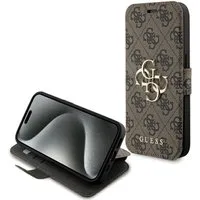 Guess Handyhülle Bookcase Cover iPhone 15 Pro Max braun Logo goldfarben 6,7 Zoll, Kantenschutz