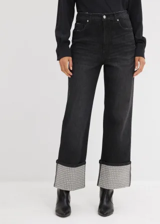 bonprix Straight-Jeans High Waist mit Turn Up, schwarz, Gr.50, Straight-Jeans High Waist mit Strass besetzen Turn Up, 79% Baumwolle (organic)