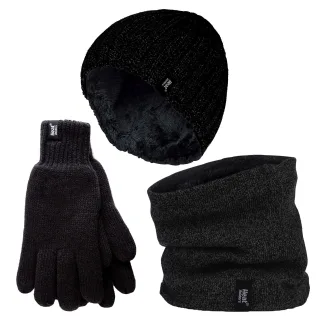 Herren Mütze, Halswärmer & Handschuhe Set | Wärmehalter | Winter gestricktes warmes Accessoires Set - Schwarz