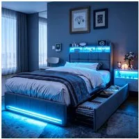 Furnishings Home Polsterbett LED Doppelbett Stauraumbett mit Kopfteil und 4 Schubladen (Leinenmaterial Polsterbett mit RGB Beleuchtung), mit Lattenrost und Ladefunktion, mit Komforthöhe, Leises Design Bett