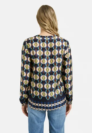 Milano Italy - V-Neck Blouse, pleat at cf and 1/1 sleeves dark blue print - Gr. - 44