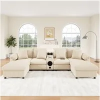REDOM Wohnlandschaft Inklusive Konsole mit Bluetooth & USB, Wireless Charging, Stauraum & Getränkehalter 1 Teile, Geräumiges Sofa 315,5x144x84,5 cm in Beige