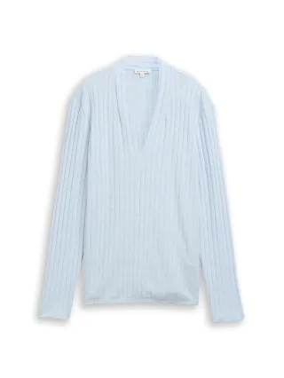 Tom Tailor - Cosy Langarmshirt mit V-Ausschnitt light fjord blue melange - Gr. - L