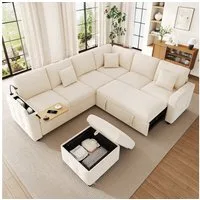 Merax Ecksofa mit Schlaffunktion, ausziehbares Schlafsofa für 7–8 Personen, XXL L-Form Sofa, Chenille, 261×203×88cm 1 Teile, Sofa mit LED-Leselampe,USB/Type-C,Stauraum,Klapptisch,Getränkehalter