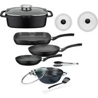 GSW Topf-Set Gourmet, Aluminiumguss (Set, 8-tlg., 3-tlg. Pfannen-Set, 2 Glasdeckel, 1 Bräter, 1 Wok, 1 Küchenzange), Induktion