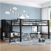 Flieks Hochbett Metallbett Kinderbett 90x200cm mit Treppe und Rausfallschutz