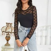 HO-Ersoka Langarmbody Body Teddy langarm blickdicht mit Spitzeneinsatz schwarz M (40) Druckknöpfe im Schritt