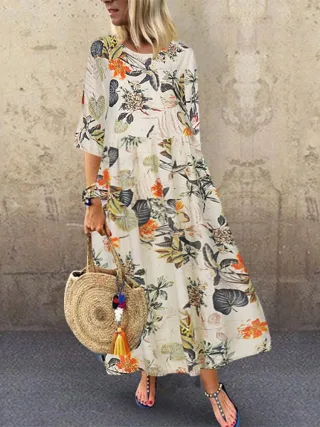 ZANZEA Plus Size Women Beach Long Dress Retro Floral Printed Round Neck Three Quarter Sleeve Pleated Beach Maxi Dresses