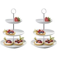 Home4You Etagere Servier-Ständer, Höhe 37 cm, 3 Etagen, weiß, Porzellan, (2-tlg), Ø 26 cm, für Obst, Süßigkeiten, Kuchen, Desserts