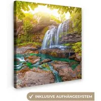 OneMillionCanvasses® Leinwandbild Natur - Wasserfall - Pflanzen - Bäume - Sonne, Fotodruck (1 St), Wandbild, Deko Schlafzimmer Wohnzimmer Flur 20x20 cm
