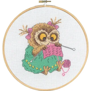 Stickbild "Strickende Eule", Ø 20 cm
