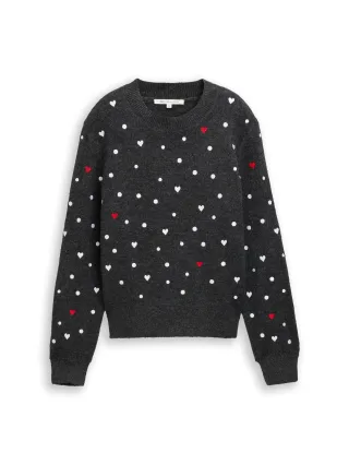 Denim Tom Tailor - Relaxed Fit Strickpullover mit Stickereien grey white dots and hearts - Gr. - XS