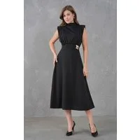 WOMAN VISION Midikleid Schwarzes Crepe-Midi-Kleid mit Gürtel