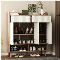 Flieks Schuhschrank mit 2 Schubladen, 3 Türen und 2 offenen Fächern Weiß+Natur (90x35x100 cm, 1-St) Mehrzweckschrank Schuhkommode mit verstellbarer Einlegeböden Holzoptik