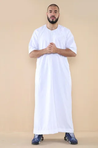 Weißer Thobe Jubba für Herren, islamischer arabischer marokkanischer Saudi-Kaftan mit Reißverschluss und arabischer Robe