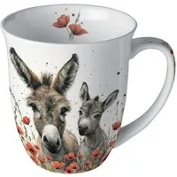 Ambiente Luxury Paper Products Tasse, Keramik, Tasse 10cm Porzellan 0,4L mit Eseln und Mohnblüten Weiß Grau Braun