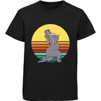 MyDesign24 Print-Shirt bedrucktes Mädchen T-Shirt Retro Katze beim Yoga Baumwollshirt mit Aufdruck, weiß, schwarz, rot, rosa i132