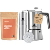 GRØNENBERG Espressokocher Spar Set 4: Espresso 250g + Kaffeemühle + Espressokocher (4, 6 Cup), Induktion geeignet & Inkl. Ersatz Dichtung