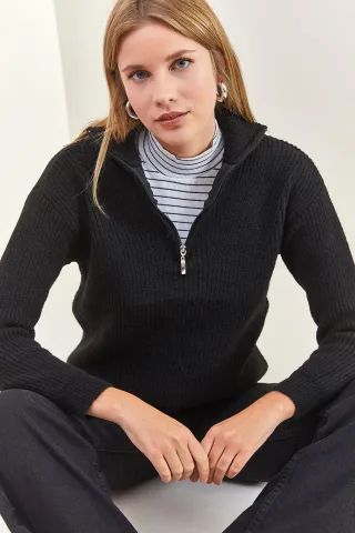 Übergröße Texturiertes Strickpullover mit Reißverschlusskragen