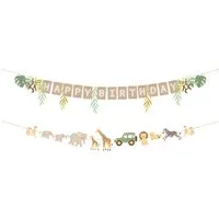 partydeco Girlande, Happy Birthday Girlande 180cm Safari Tiere Banner 2er Set Beige
