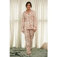 SNOOZE OFF Pyjama Damen Schlafanzug mit floralem Print in Creme und Rosa aus 100 % Baumwolle mit Kontrastpaspeln