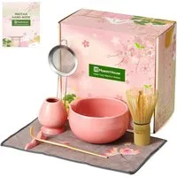 Maestri House Teeservice Japanisches Matcha Zubehör Set Matcha Besen Set Geschenkset 7-Teilig, Bambus, 510ml Schale, Bambus-Chasen, Haltern, Sieb, Löffel und Tuch erhalten