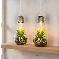 Levandeo® LED Dekoobjekt, 2er Set LED Glühbirne Sukkulenten H19cm Grün Deko Lampe