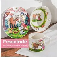 MiaMio Kindergeschirr-Set Prinzessin Motiv Rosa (3-tlg), 1 Personen, Keramik, Teller, Schüssel und Tasse mit Kindermotiv