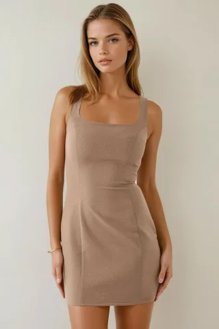 Strukturiertes Quadratkragen Bodycon Mini Kleid