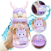 WS-Trend Trinkflasche Einhorn 3D Deckel Kinder Wasserflasche Flasche Gurt Halm 600 ml