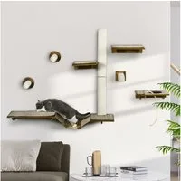 PawHut Katzen-Kletterwand Katzenwandmöbel mit Kratzbäumen, Sitzstangen, Leiter, für Wohnzimmer, Braun+Cremeweiß