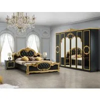 Interdesign24 Schlafzimmer-Set Donna, (4-Teilig, inkl. Spiegeltüren und Polsterung im Kopf- und Fußteil, im ausgefallenem Barock-Stil), Bett 160 x 200 cm, in Hochglanz Schwarz/Gold