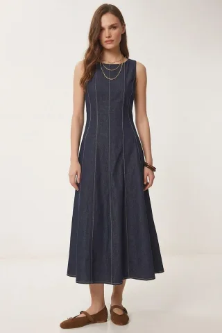 A-Linie Midi-Denimkleid mit Rundhalsausschnitt