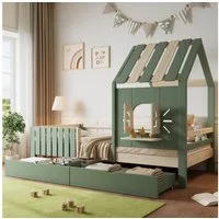 Flieks Kinderbett, Hausbett Einzelbett 90x200cm mit Dach und Fenster mit 2 Schubladen