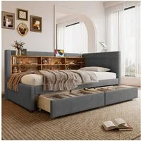 Merax Daybett Schlafsofa mit USB- & Typ-C-Anschlüssen (Leinen Sofabett Kinderbett Jugendbett Polsterbett, 1 tlg), Tagesbett 90x200cm mit 2 Schubladen, Ablageflächen und Retro-Kopfteil