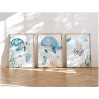 MeinBaby123® Poster Kinderzimmer Meerestiere,  Kinderzimmer Deko, Kinderzimmer Bilder, Unterwasserwelt, süßer Wal, Schildkröte, Qualle