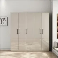 OTTO home Kleiderschrank Sylt Schlafzimmerschrank Garderobe Schrank in hochglanz weiß (5 Türen, 2 Schubladen, schwarze moderne Griffe, 7 Einlegeböden) Drehtürenschrank mit perfekter Innenausstattung, Breite 200cm