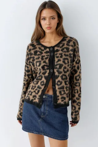 Leopardenmuster Knopf-Cardigan