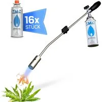 ZMC Flambierbrenner Grillanzünder Kohleanzünder Unkrautbrenner + 16x Gaskartuschen 227g, (Unkrautvernichter Unkrautreiniger Butan Brenner Abflammgerät Flammspritzpistole Gasbrenner Bunsenbrenner Lötlampe Lötbrenner), Temperatur bis zu 1300 ° C / Leis