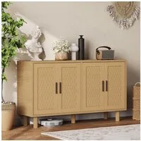 FUROKOY Sideboard Rattan Küchenschrank us Holz (Buffetschrank Highboard mit 4 Rattan Türen), für Schlafzimmer, Wohnzimmer, Flur, 140 x 40 x 80 cm, Holzfarbe