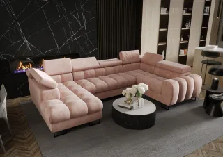 Wohnlandschaft Schlafsofa BASTIEN in Stoff Terra Puderrosa Ottomane Links