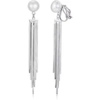 Schöner-SD Paar Ohrclips Perlenohrclips Süßwasserperle Clips mit langen Ketten hängend, 925 Silber rhodiniert