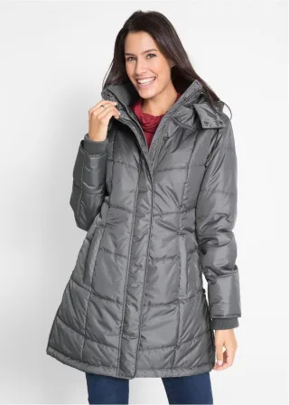 bonprix Long-Steppjacke wattiert mit Kragen und Kapuze, grau, Gr.50, Funktionale figurumschmeichelnde Long-Steppjacke mit abnehmbarer Kapuze