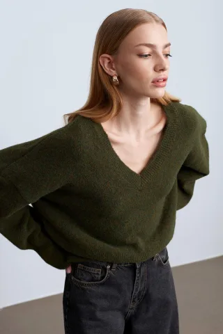 Damen V-Ausschnitt Rippstrickpullover