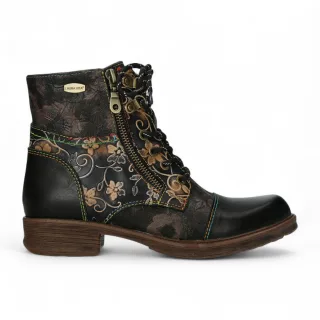 Laura Vita Anita 006 Schwarze Damenstiefeletten aus Leder im Gothic-viktorianischen Stil mit Blumenmuster