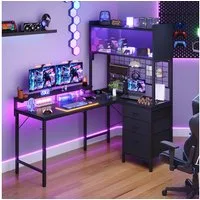 Furnicopia Gamingtisch Gamingtisch Computertisch, Schreibtisch 120/140cm mit LED-Beleuchtung (E-Sport-Tisch Typ I/L mit Monitorhalterung, 2 Schubladen + Glasvitrine, Steckdosen und USB-Anschlüssen, ergonomischer Computertisch, geeignet für Gaming und