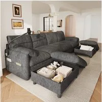 Merax Ecksofa mit USB & Type-C Ladeanschluss, modulares Sofa in U-/L-Form, Chenille, 273,5×133×81 cm 1 Teile, Sofa mit 2 Stauraum-Hockern, 360° Handyhalter & Kissen-Armlehnen