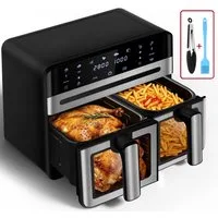 Fukstern Heißluftfritteuse 2 Kammern, 2 Schubladen,Airfryer 11L mit Sichtfenster, Touchdisplay, 8 voreingestellte Programme, unabhängiger Temperaturregelung, Antihaft-Metallkörbe, 5.5L+5.5L, fettarmes gesundes Kochen, 2400 W, 2400 W, inklusive Grillz